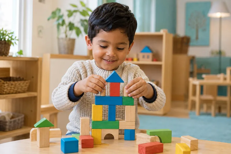 A child building with colorful wooden blocks