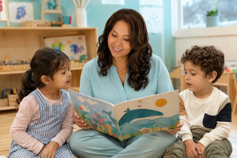 Leticia reading a picture book with two preschool children