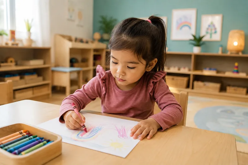 A preschool student practicing early writing at a table