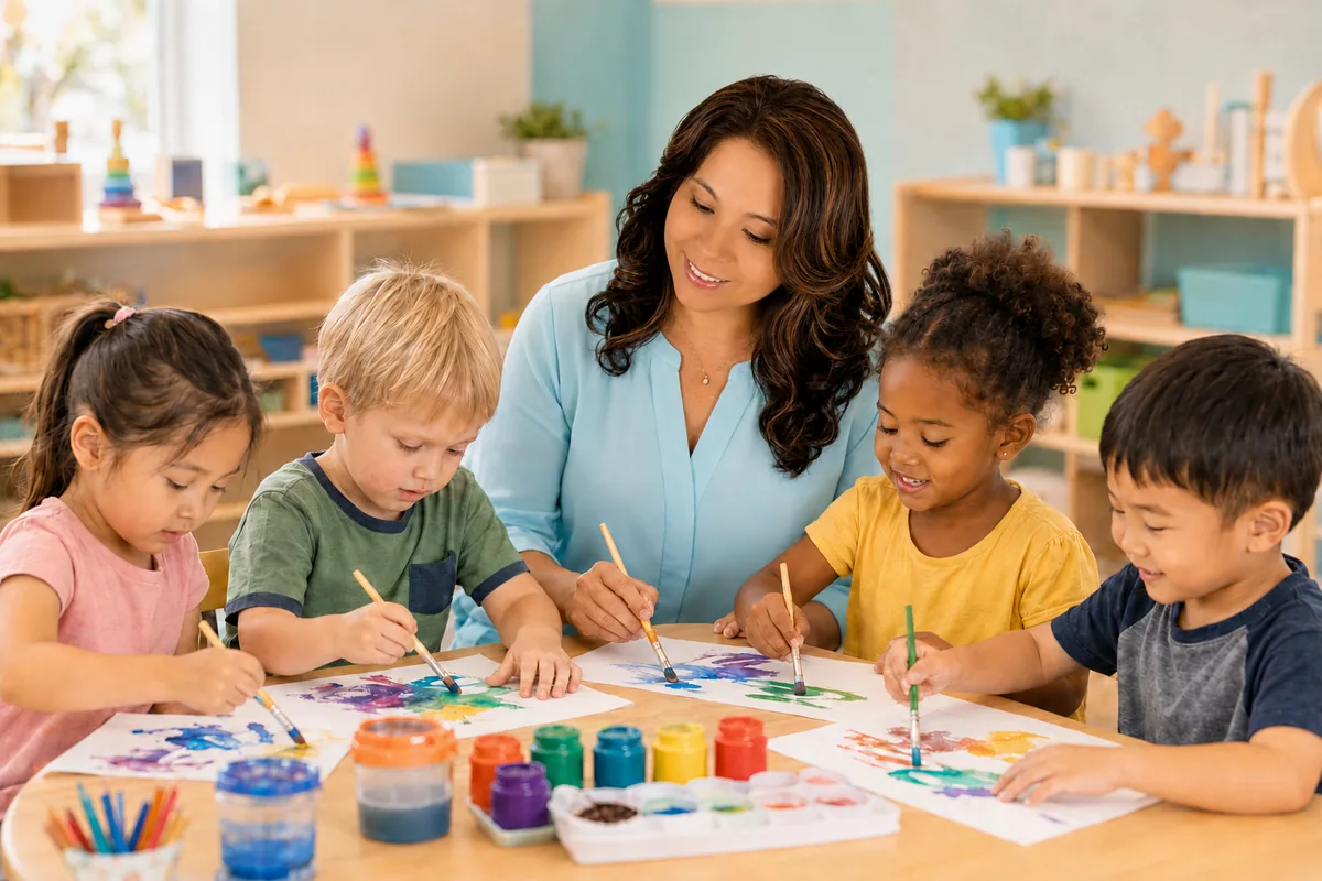 Leticia guiding five preschool children through a painting activity