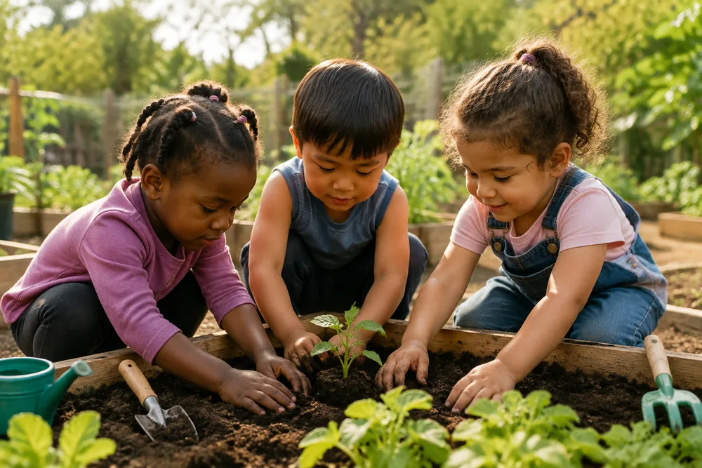 Preschool children planting a seedling together in a garden