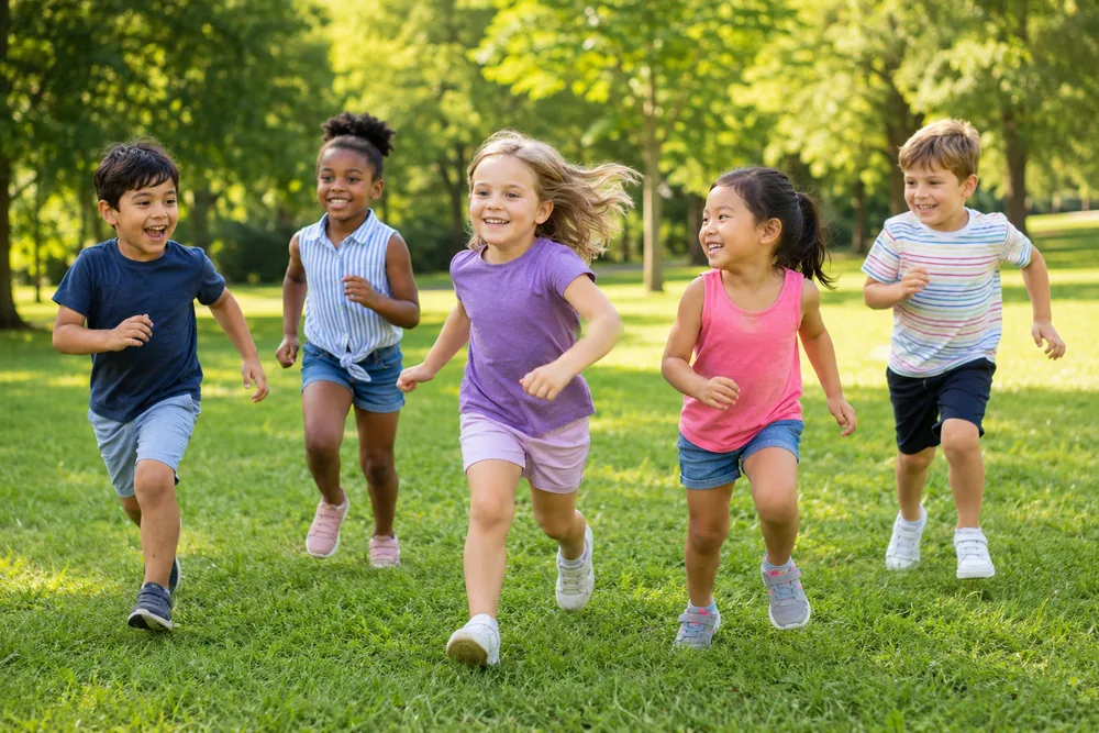 A group of children running outdoors during summer camp